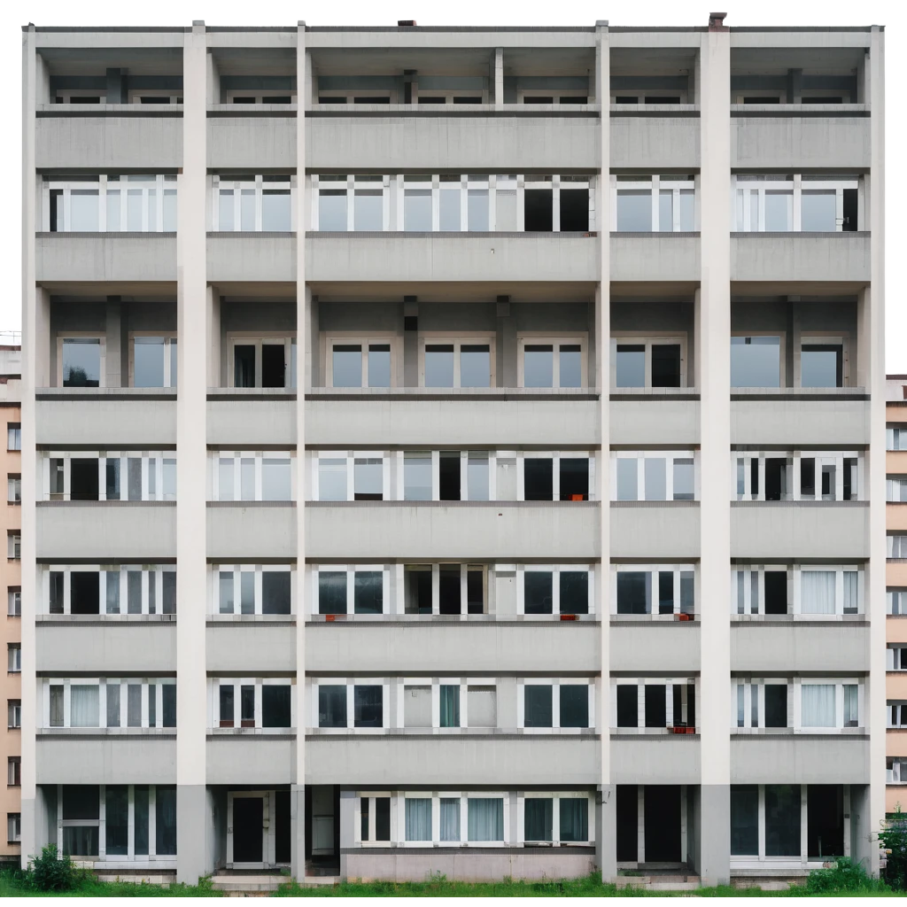 Soviet-era panel apartment building with rows of identical windows, gray concrete facade, flat roof, typical Russian multi-story residential building emoji