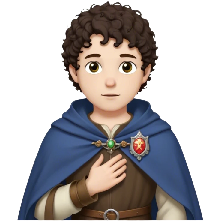 medieval spring outfit worn by a DnD themed fantasy male character. thin wool tunic with a light cloak draped over one shoulder, secured by a wooden brooch. clothes only above the waist. The clothes full waist. The character's haven't arms. character is white-skinned, dark brown hair, hazel eyes, short curly hair. emoji