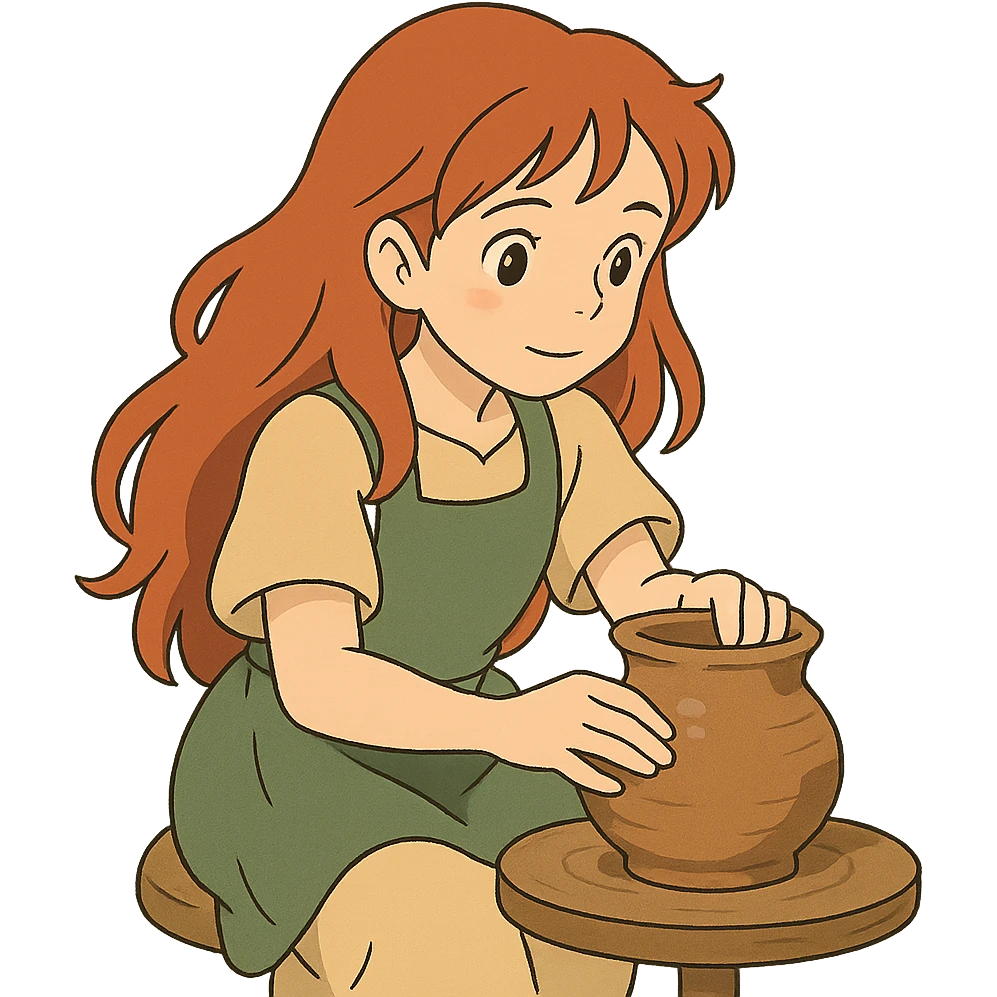 ghibli style girl with long red hair making pottery emoji