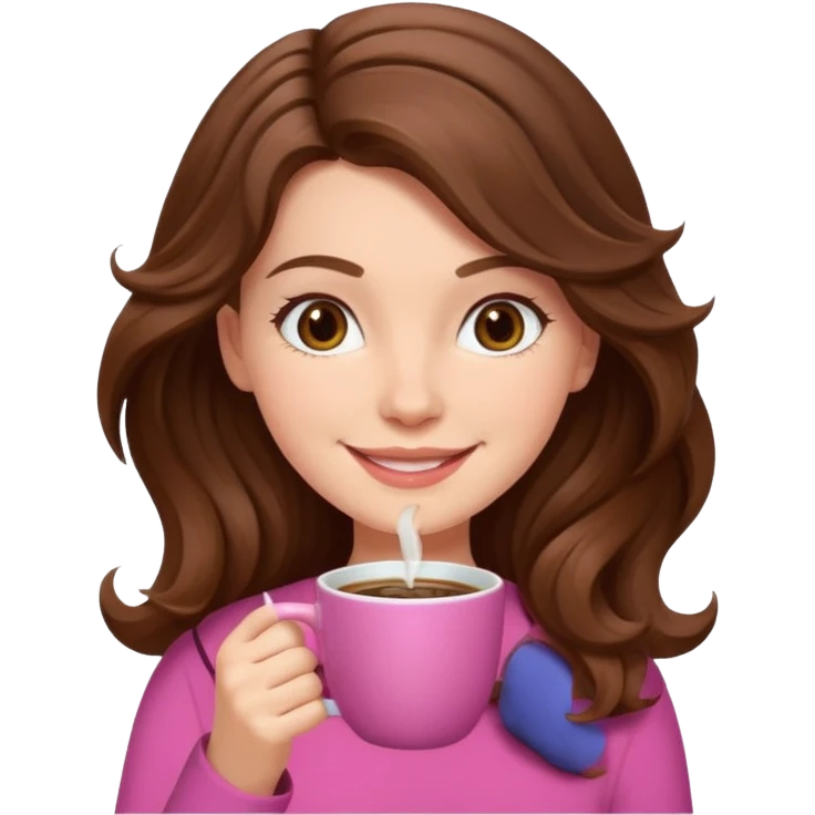 white girl with wavy brown hair drinking coffee from a pink cup emoji emoji