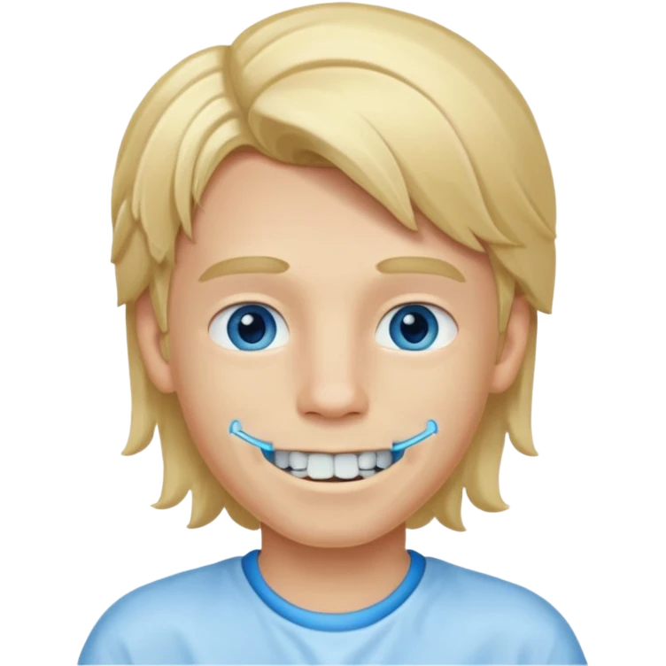Blond boy with long hair in tail of low blue eyes and dental appliance emoji