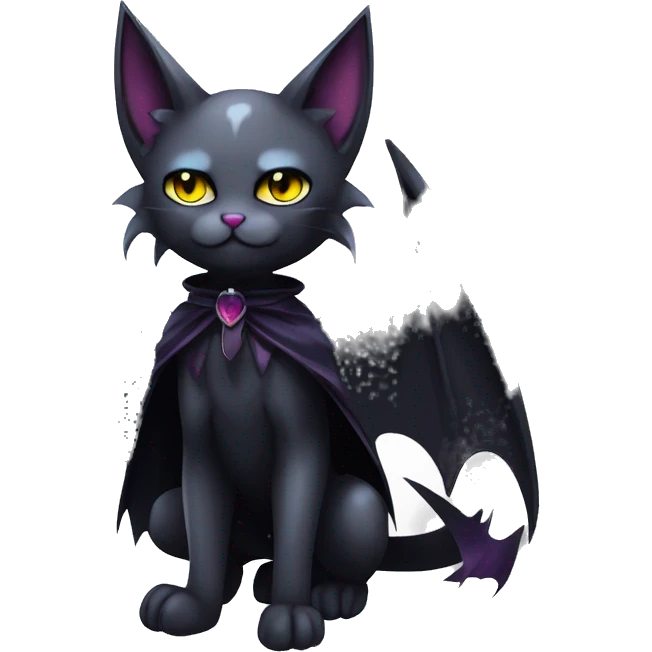  cool edgy beautiful anime-style ethereal dark-punk-themed animal vampiric cat-hybrid Fakemon with fangs and bat-wing-ears with a cape full body emoji