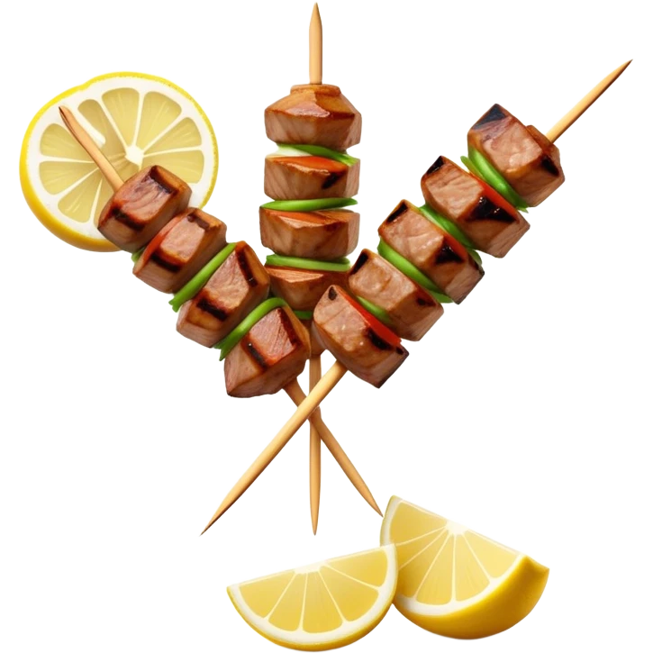 Cinematic Realistic Souvlaki Dish Emoji, showcasing skewered, grilled meat with Mediterranean spices rendered with dynamic textures and warm, appetizing lighting. emoji