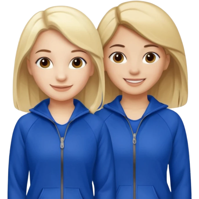two girls smiling one has blond hair and one is has dark brown hair they are wearing royal blue track suits emoji