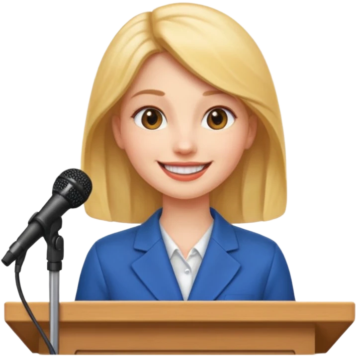 female speaker at a podium, microphone visible, smiling, apple emoji style emoji
