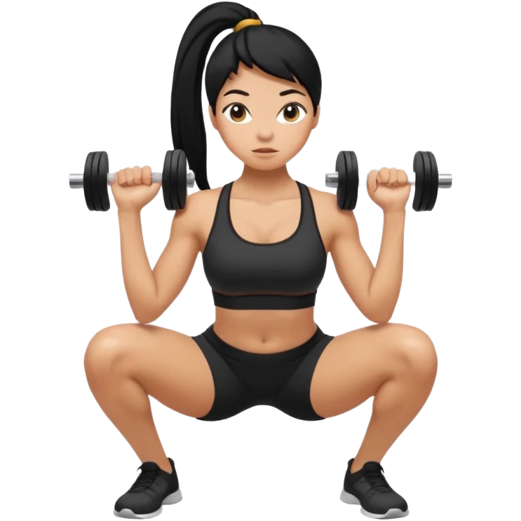 Women with long black ponytail doing a squat with no weights emoji