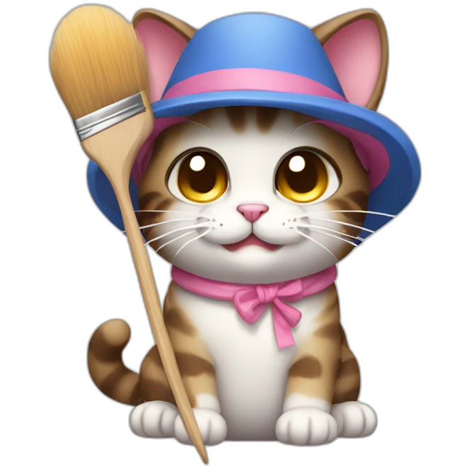 Kawaii cat artist in hat with palette and brush so it can be used as a mouse cursor emoji
