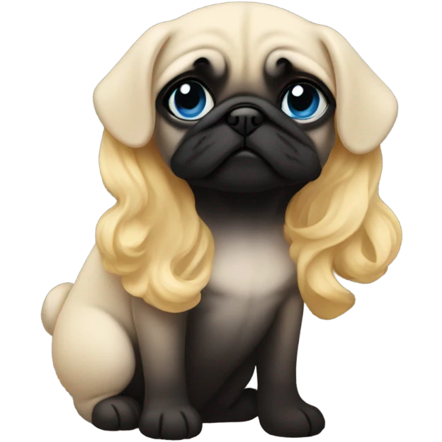 Girl with wavy blonde hair and blue eyes, kissing a black pug emoji
