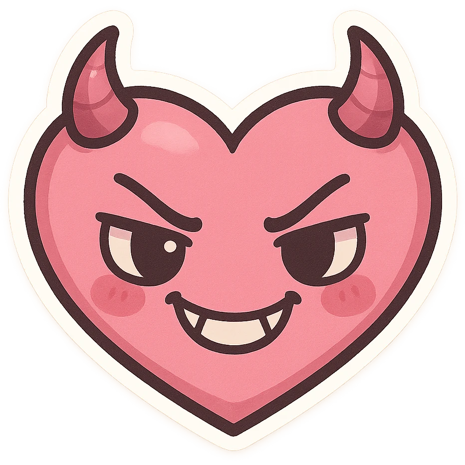 devil emoji, chibi style, pink and black colors, heart-shaped face, small horns, mischievous grin, cute expression emoji