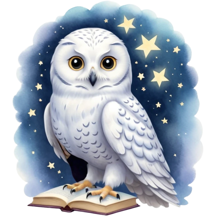 A hand-drawn fantasy illustration of Hedwig, Harry Potter’s snowy owl, with soft watercolor style, gentle pastel tones, magical sparkles in the air, cozy wizarding atmosphere, storybook illustration, high detail, whimsical and warm mood. emoji