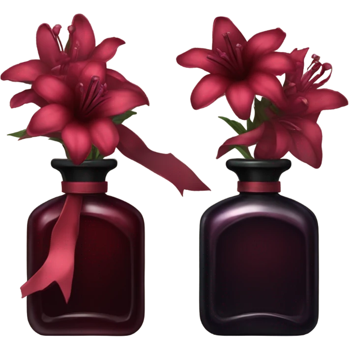 Dark red gothic perfume bottle with red bellflowers and a black ribbon emoji