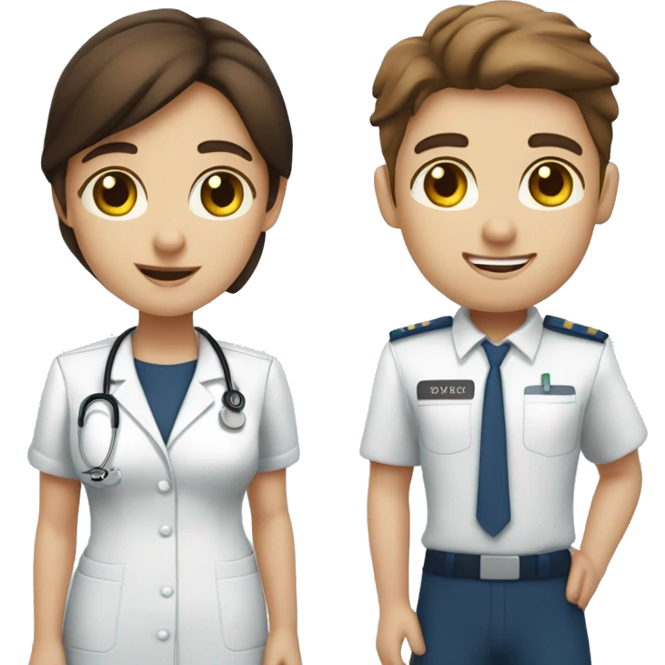 long brown haired girl nurse with brown eyes  and brunette haired boy pilot with blue eyes. couple holding ha ndds  emoji