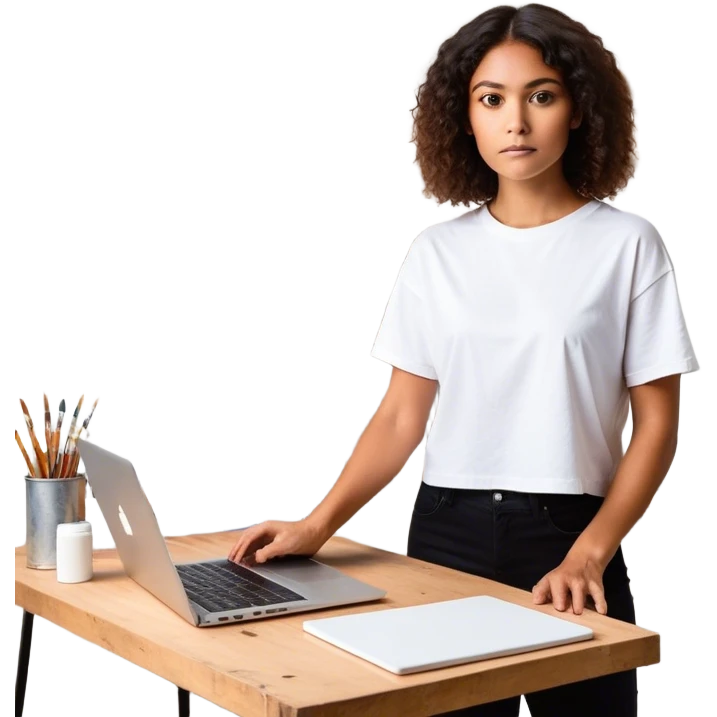 A person is **standing up from their desk**, a determined look on their face. In front of them is a **blank canvas, an open laptop, or a workbench**—a symbol of **taking action**. Their **future self**, glowing with confidence, is **guiding their hands as they type, paint, build, or create something emoji