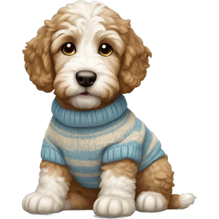 Little brown and white golden doodle puppy wearing a sweater emoji