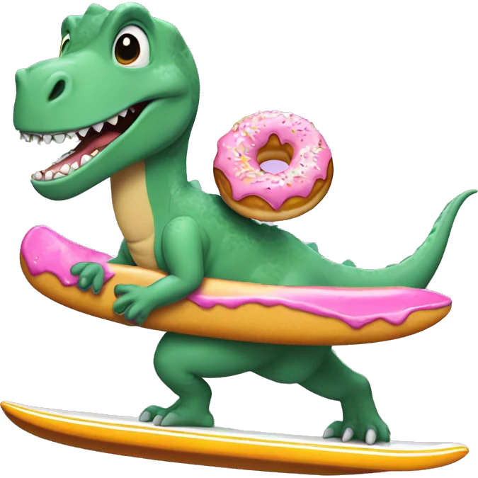 Dinosaur riding a surf board eating a donut. Make it look cartoony  emoji