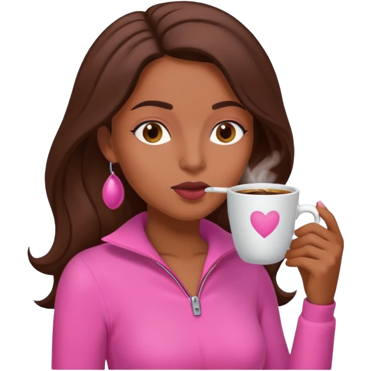 Mulher morena tomando café  com roupa rosa esfriando o café  emoji