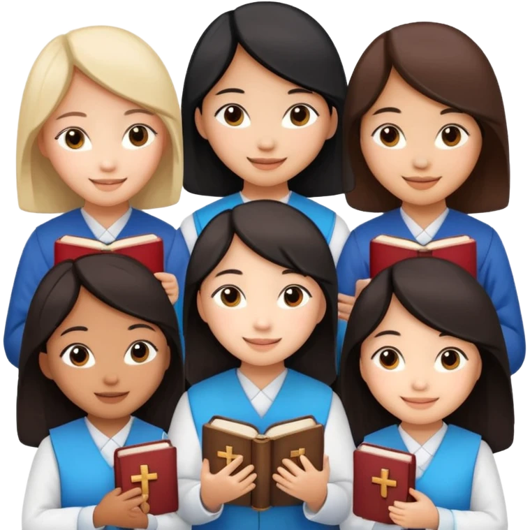 eight asian girls talking to each other holding bibles and crosses emoji