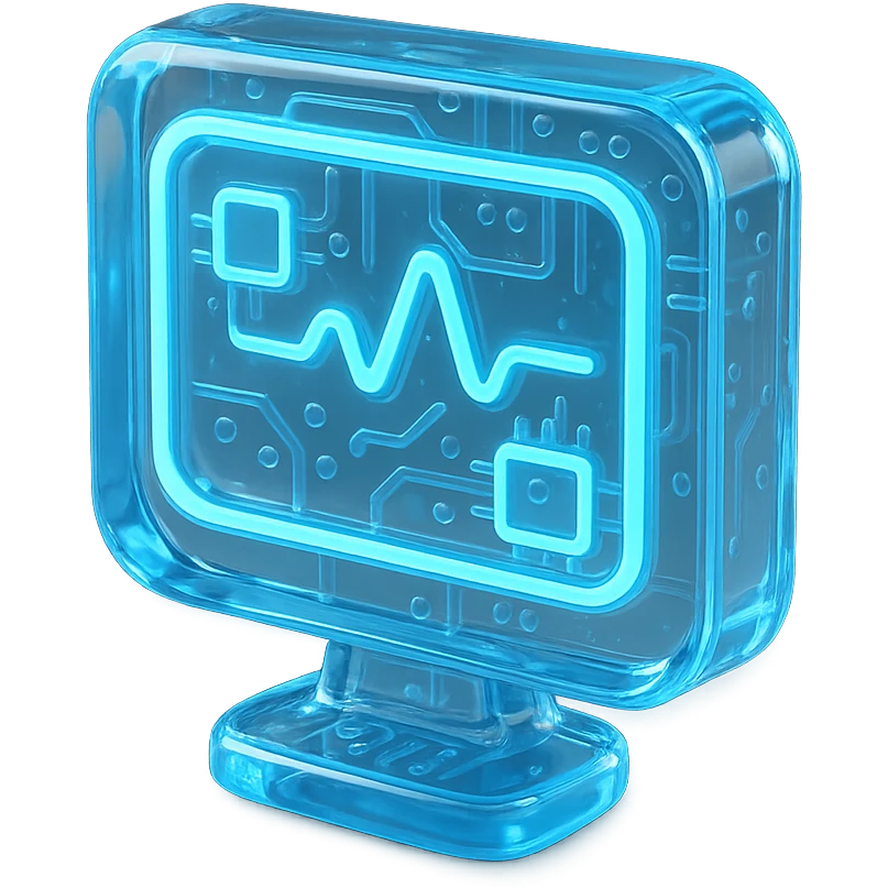 minimal high-tech monitor icon with blue accents and glowing effect emoji