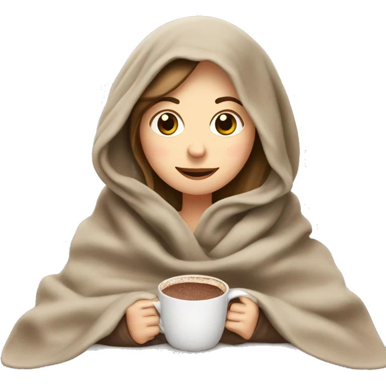 White girl having a blanket over her head with hot chocolate emoji