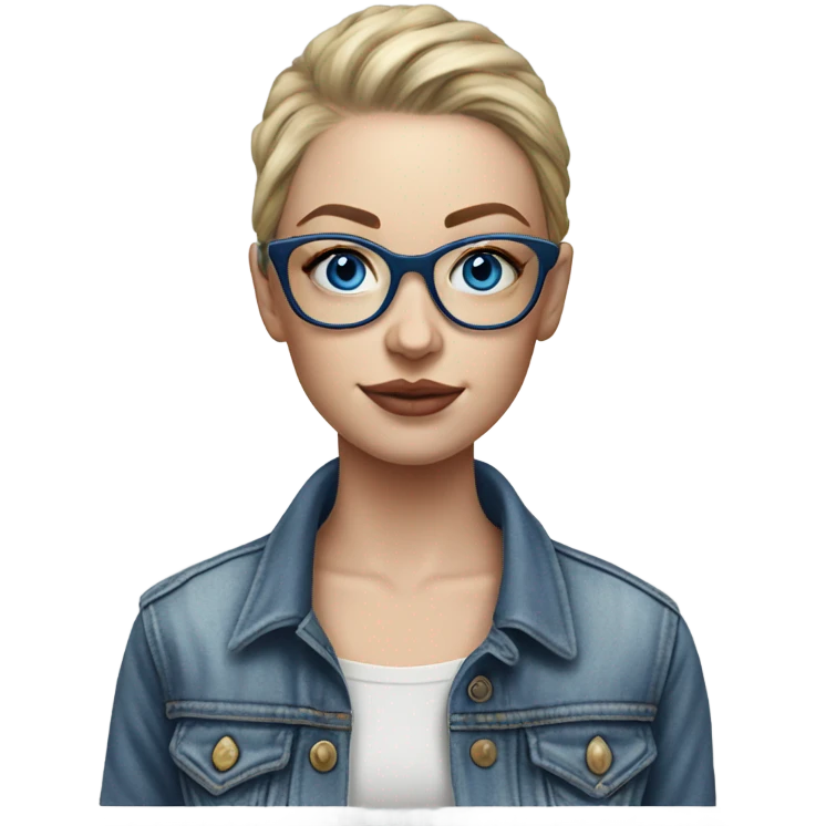 Hyper Realistic pale beautiful tattooed woman with glasses and blue eyes wearing denim jacket emoji