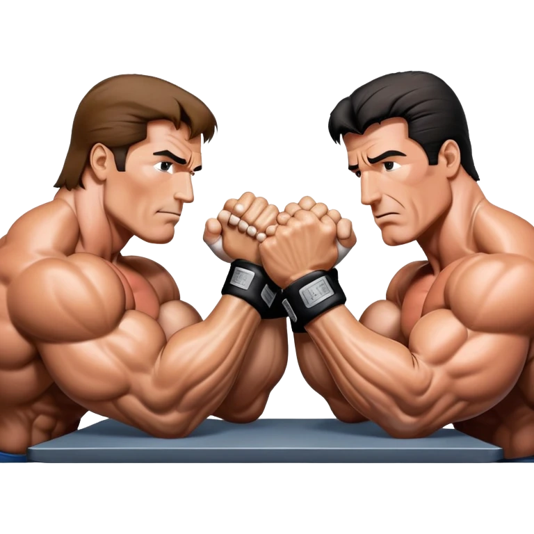 Arnold Schwarzenegger VS Sylvester Stallone from 'Over the Top,' locked in an arm wrestling battle, using only their right hands. Their left hands rest on the table. Both display immense strength, with muscular arms flexing, under bright competition lights. Transparent background. emoji