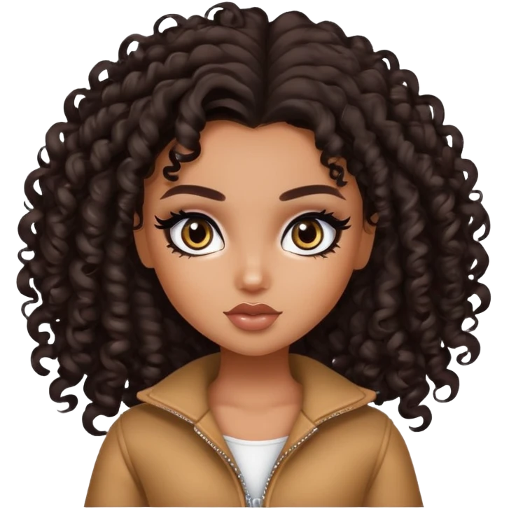 pretty bratz girl, curly dark brown hair, dark brown eyes, black eyeliner, tan skin emoji