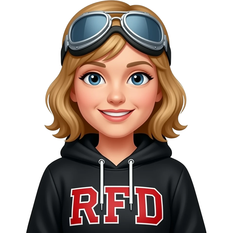 Woman in Black hoodie with red initials RFD wearing aviators, not smiling emoji