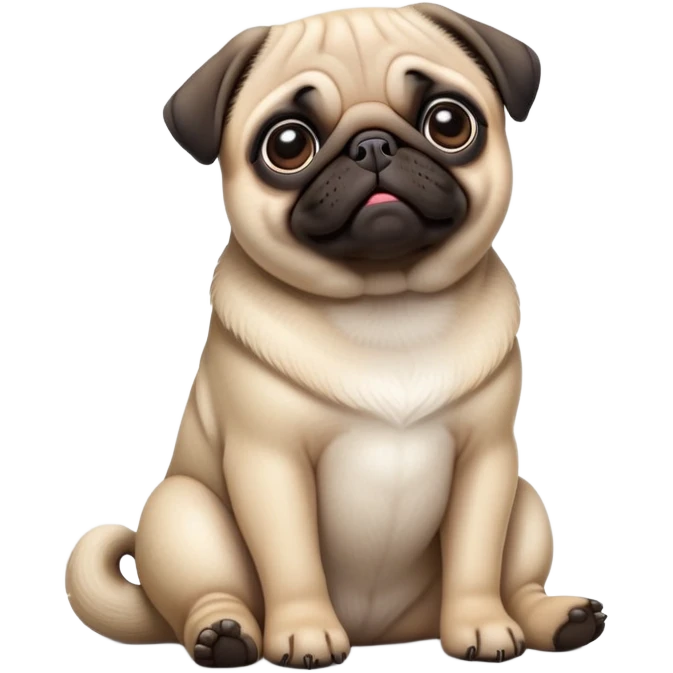 detailed-[cute pug]-realistic-full-body-sitting-emoji,-tail-resting-loosely-beside-its-paws,-head-tilted-dramatically, -sleek-fur,-simplified-yet-realistic-focused-features,-highly-detailed,-glowing-with-an-almost-sarcastic-glow emoji