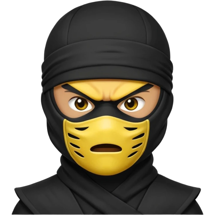 angry ninja face emoji, classic yellow emoji style, all black ninja mask, no mouth, glaring eyes, black ninja headband tie emoji
