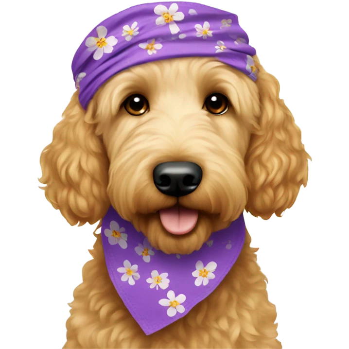 a golden doodle dog with a flower bandanna  emoji