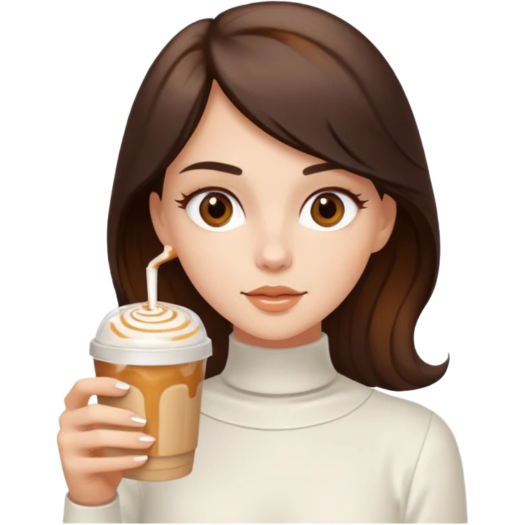 white brunette with brown eyes and a white outfit, drinking a caramel machiatto emoji