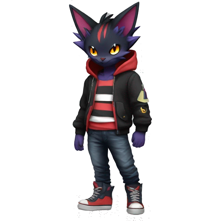 Cool Anthro Black Noibat-Quilava-Litten-Pokémon with edgy stripes hoodie spiked collar punk Full Body emoji