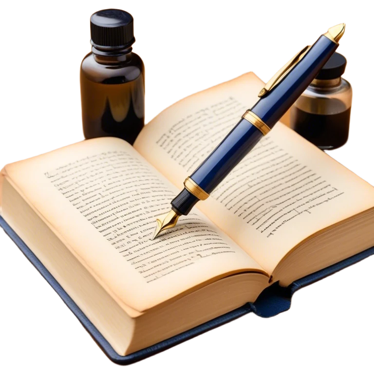 Create a vibrant emoji representing prose writing. The design should feature an open book with pages showing unfinished prose, a classic fountain pen or quill with black or dark blue ink, and an ink bottle (inkwell) next to it. The pages should have visible lines of text, but some should remain unfinished, symbolizing the creative process. Use warm, earthy tones like brown, gold, and cream for the book and background, with the ink and pen in black or dark blue. The emoji should convey the idea of storytelling, creativity, and the unfinished nature of literary work. Make the background transparent. emoji