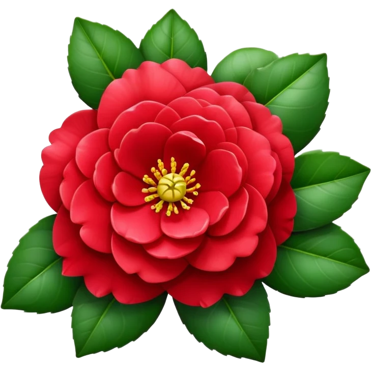Beautiful red camellia flower with layered petals and glossy green leaves emoji