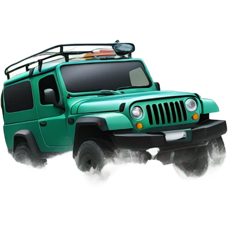 A four-wheel drive crossing a shallow river in a rainforest, with trees in the background and splashing water, representing versatility and strength. emoji