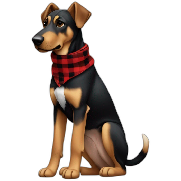 75% Coonhound 25% German Shepherd mix dog wearing small pointed red buffalo plaid bandana pointing down side view full body facing left emoji