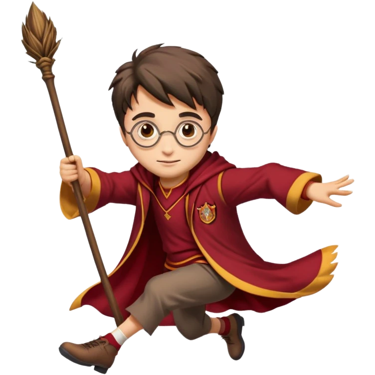 Cartoon-style illustration of Harry Potter flying on a broomstick, Gryffindor red and gold outfit, expressive face, dynamic motion, magical vibe, smooth shading, vibrant colors, no background, transparent background, isolated character. emoji