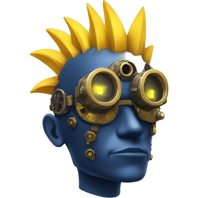 Navy blue Mohawk cyborg head with yellow steampunk goggles emoji