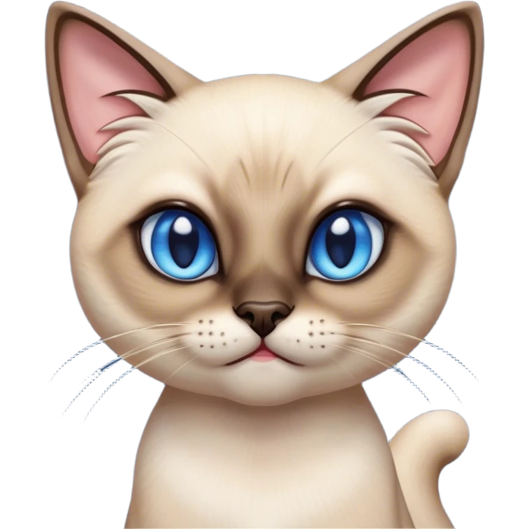 Cinematic Comical Siamese Cat Portrait Emoji, Head tilted dramatically with an exaggeratedly shocked or offended expression, sleek cream-colored fur with dark points on the ears, face, paws, and tail, wide piercing sapphire-blue eyes filled with exaggerated disbelief, Simplified yet hilariously expressive features, highly detailed, glowing with a slightly sassy glow, high shine, dramatic yet playful, stylized with an air of attitude, bright and endearing, soft glowing outline, capturing the essence of a sassy and over-the-top feline, so meme-worthy it feels like it could side-eye its way into internet fame instantly! emoji