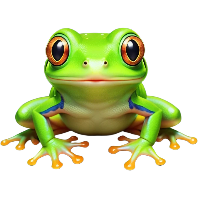 Cinematic Comical Green Tree Frog Portrait Emoji, Head tilted dramatically with an exaggeratedly amused expression, featuring a small, vibrant green body with wide, comically expressive eyes and quirky, textured skin, Simplified yet hilariously expressive features, highly detailed, glowing with a slightly sassy jungle glow, high shine, dramatic yet playful, stylized with an air of cheeky tropical mischief, soft glowing outline, capturing the essence of a meme-worthy green tree frog that looks ready to leap its way into viral fame! emoji