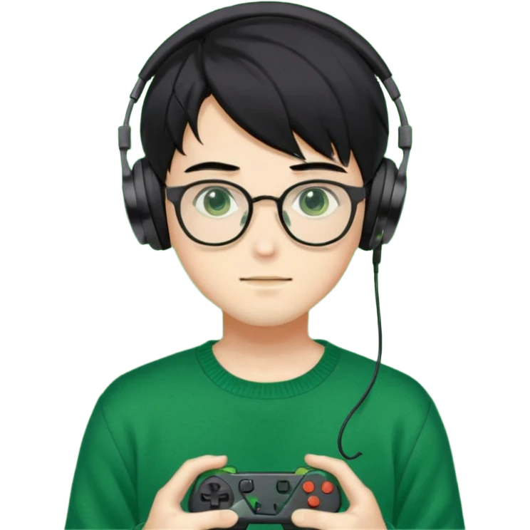
gamer, Gorgeous green sweater black hair anime style shojo guy glasses, headphone, gamepad emoji