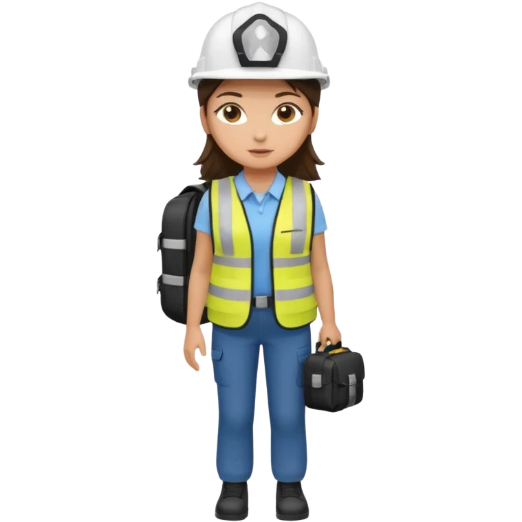 Brunette brown Girl full body standing with her white security helmet and security vest on, also with her black backpack emoji