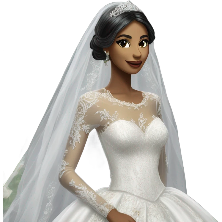 Hyper Realistic ornate ballgown long sleeve Wedding dress with diamanté on bride with green eyes and long black hair with veil emoji