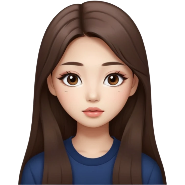 “korean straight long brown hair Emoji girl, soft eyeliner and blush, gradient lips, light brown shimmer eyeshadow emoji