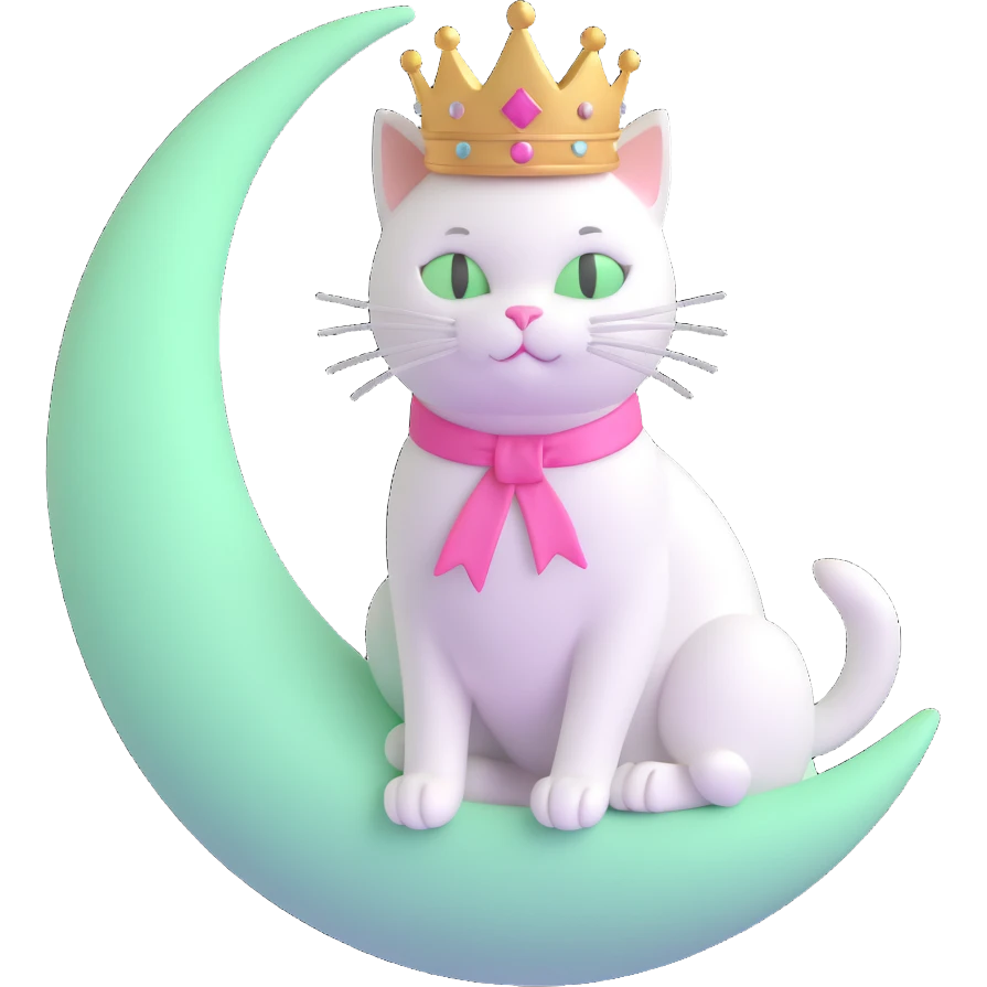 A white cat with a pink ribbon and a crown sitting on a pale green moon, in 3D emoji style, with a transparent background as requested. emoji