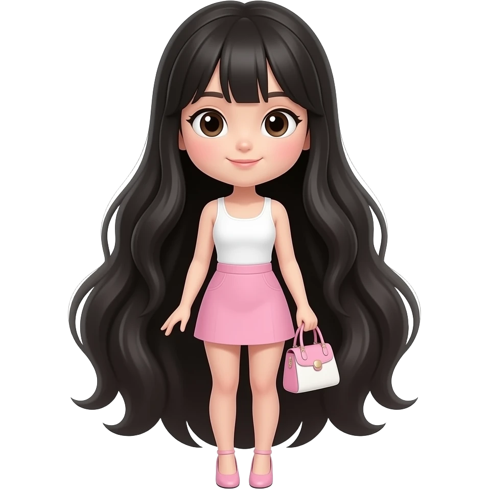 A cute, ethereal Asian girl with long thick shiny black hair, dark brown almond-shaped eyes, full boy, light pink mini skirt, white tank top, light pink heels, light pink and white mini handbag, maler her skinny, 3d vibes emoji