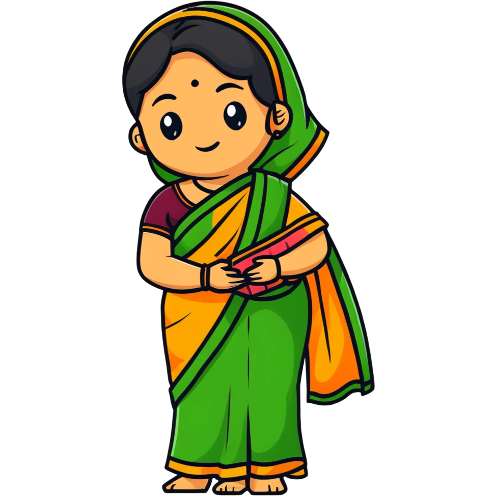 Indian mother in a saree, vibrant cartoon sticker style, warm expression emoji