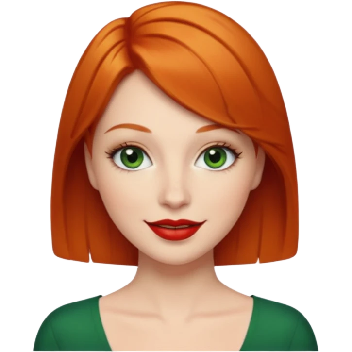 Short Ginger hair, green eyes, black long eye lashes large red lips White woman happy emoji