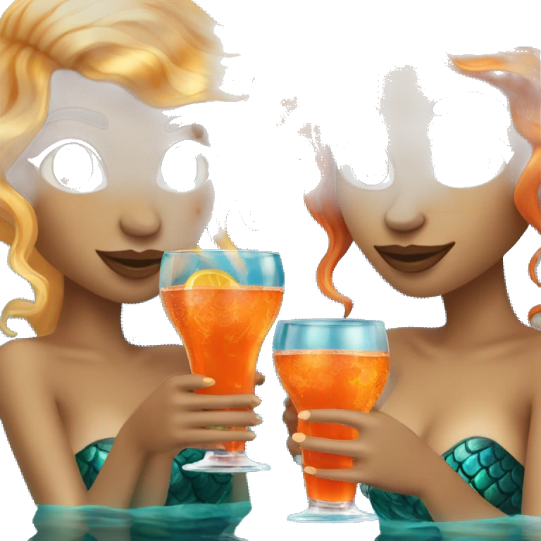Three beautiful mermaids (light skin) drinking aperol emoji