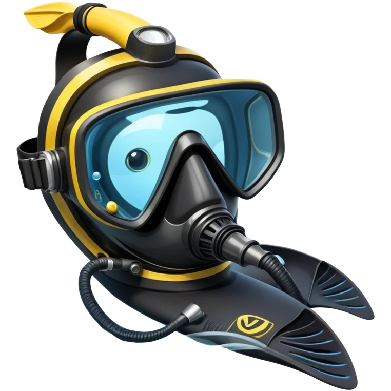 An icon featuring a close-up of a scuba mask, snorkel, and diving fins, with bubbles rising from the gear. The design includes a wetsuit and underwater light rays filtering through the water. Transparent background highlights the essence of diving and underwater exploration. emoji